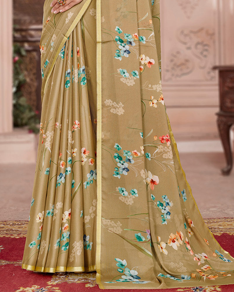 Vishal Prints Pale Taupe Digital Print Criva Crepe Saree With Weaved Viscose Border