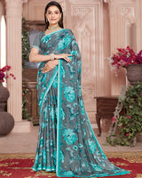 Vishal Prints Smokey Grey Digital Print Criva Crepe Saree With Weaved Viscose Border