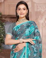 Vishal Prints Smokey Grey Digital Print Criva Crepe Saree With Weaved Viscose Border