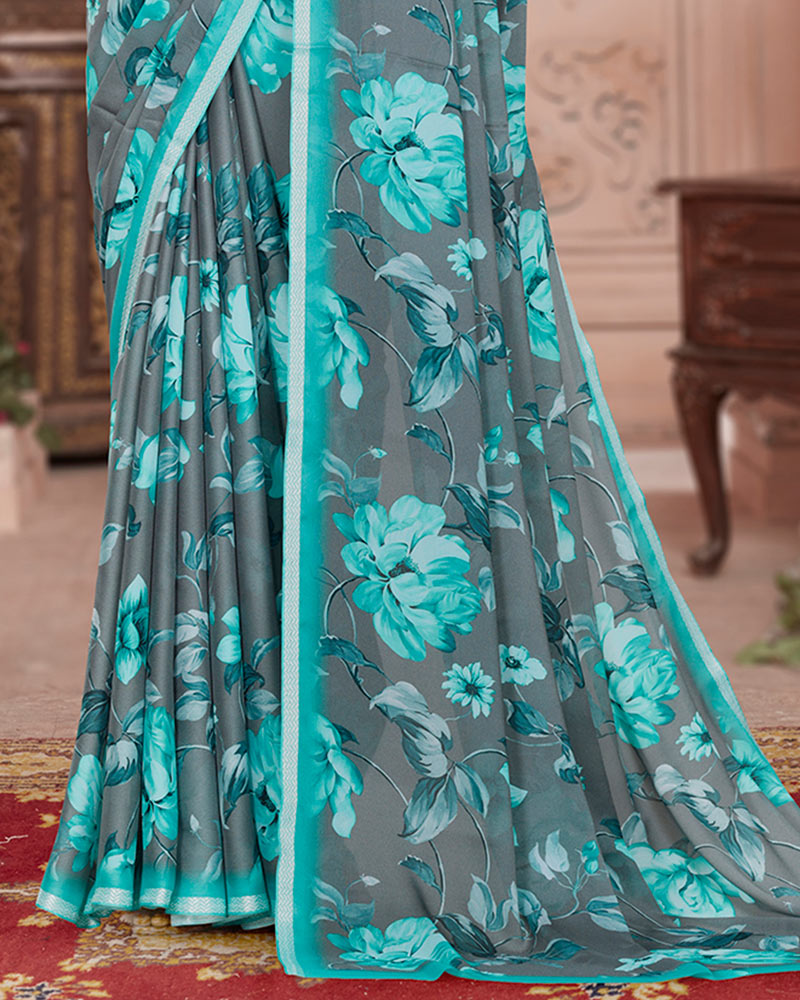 Vishal Prints Smokey Grey Digital Print Criva Crepe Saree With Weaved Viscose Border