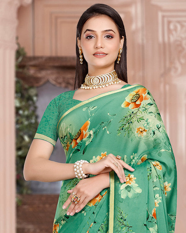 Vishal Prints Dusty Teal Green Digital Print Criva Crepe Saree With Weaved Viscose Border