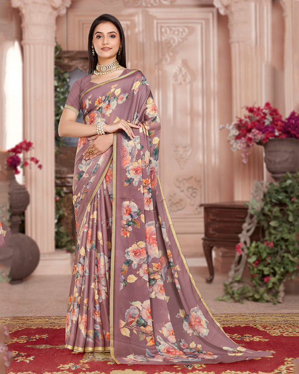 Vishal Prints Rose Taupe Digital Print Criva Crepe Saree With Weaved Viscose Border