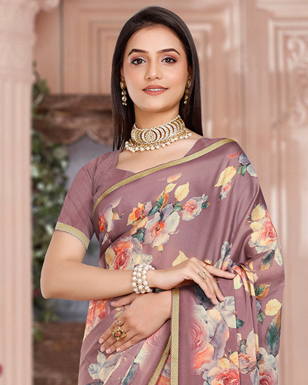 Vishal Prints Rose Taupe Digital Print Criva Crepe Saree With Weaved Viscose Border