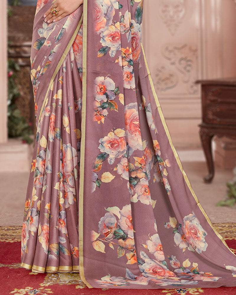 Vishal Prints Rose Taupe Digital Print Criva Crepe Saree With Weaved Viscose Border