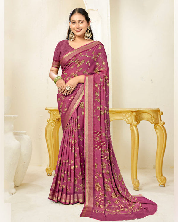 Vishal Prints Light Maroon Printed Criva Crepe Saree With Weaved Viscose Patta