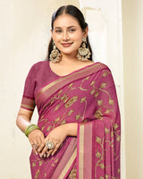 Vishal Prints Light Maroon Printed Criva Crepe Saree With Weaved Viscose Patta