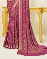 Vishal Prints Light Maroon Printed Criva Crepe Saree With Weaved Viscose Patta