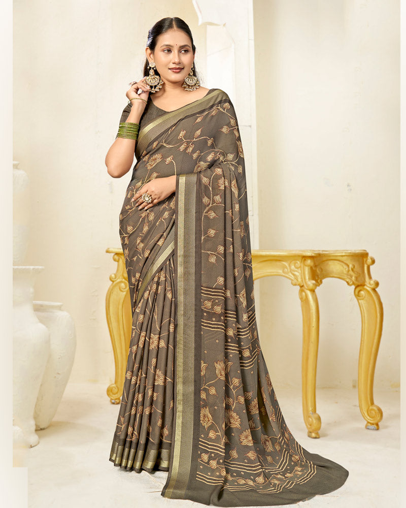 Vishal Prints Tobacco Brown Printed Criva Crepe Saree With Weaved Viscose Patta