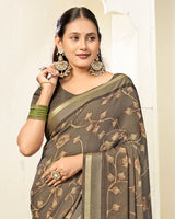 Vishal Prints Tobacco Brown Printed Criva Crepe Saree With Weaved Viscose Patta