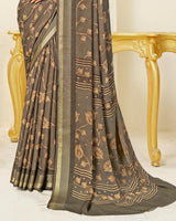 Vishal Prints Tobacco Brown Printed Criva Crepe Saree With Weaved Viscose Patta