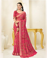 Vishal Prints Faded Red Printed Criva Crepe Saree With Weaved Viscose Patta