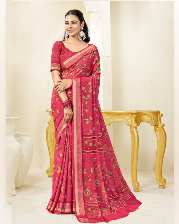 Vishal Prints Faded Red Printed Criva Crepe Saree With Weaved Viscose Patta