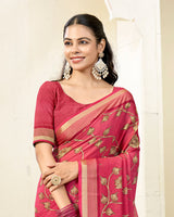 Vishal Prints Faded Red Printed Criva Crepe Saree With Weaved Viscose Patta