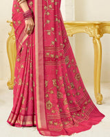 Vishal Prints Faded Red Printed Criva Crepe Saree With Weaved Viscose Patta