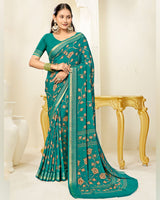 Vishal Prints Deep Sea Green Printed Criva Crepe Saree With Weaved Viscose Patta