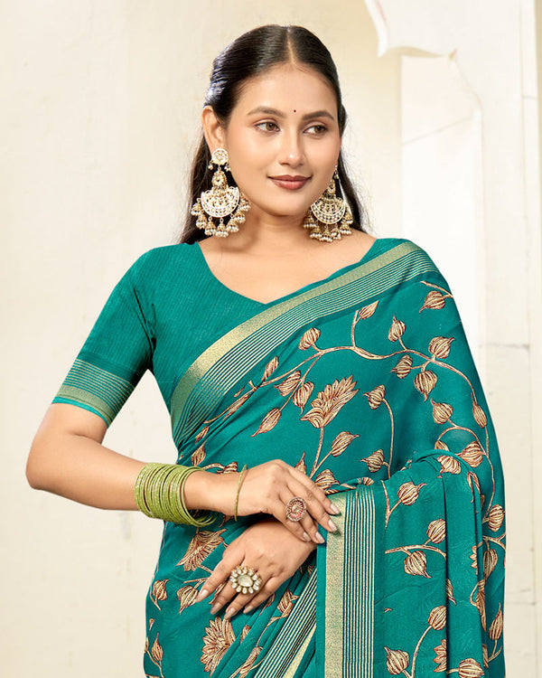 Vishal Prints Deep Sea Green Printed Criva Crepe Saree With Weaved Viscose Patta