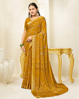 Vishal Prints Ochre Printed Criva Crepe Saree With Weaved Viscose Patta