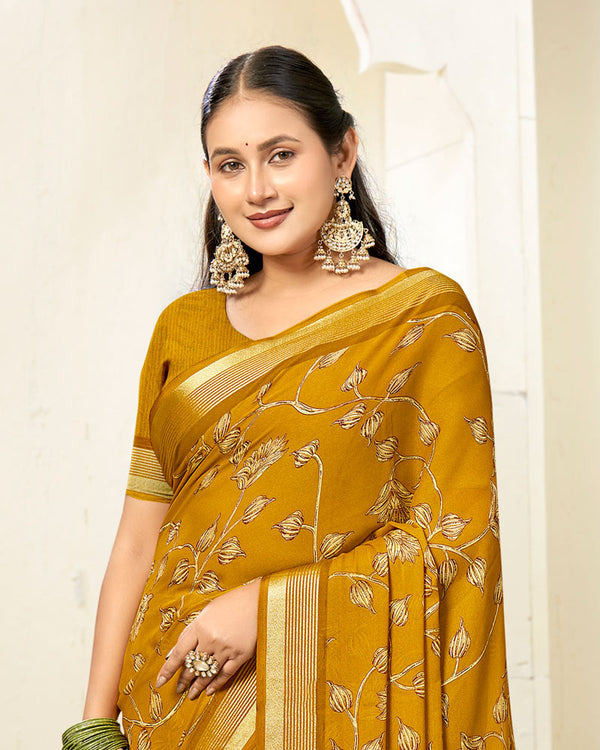 Vishal Prints Ochre Printed Criva Crepe Saree With Weaved Viscose Patta