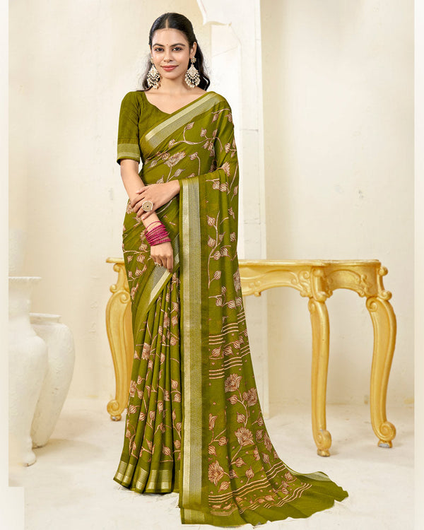 Vishal Prints Brownish Green Printed Criva Crepe Saree With Weaved Viscose Patta