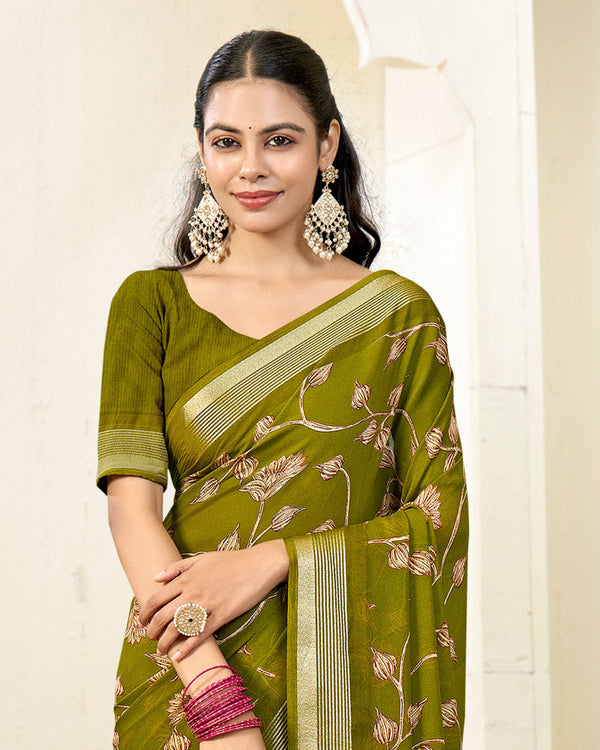 Vishal Prints Brownish Green Printed Criva Crepe Saree With Weaved Viscose Patta