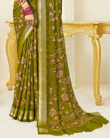 Vishal Prints Brownish Green Printed Criva Crepe Saree With Weaved Viscose Patta