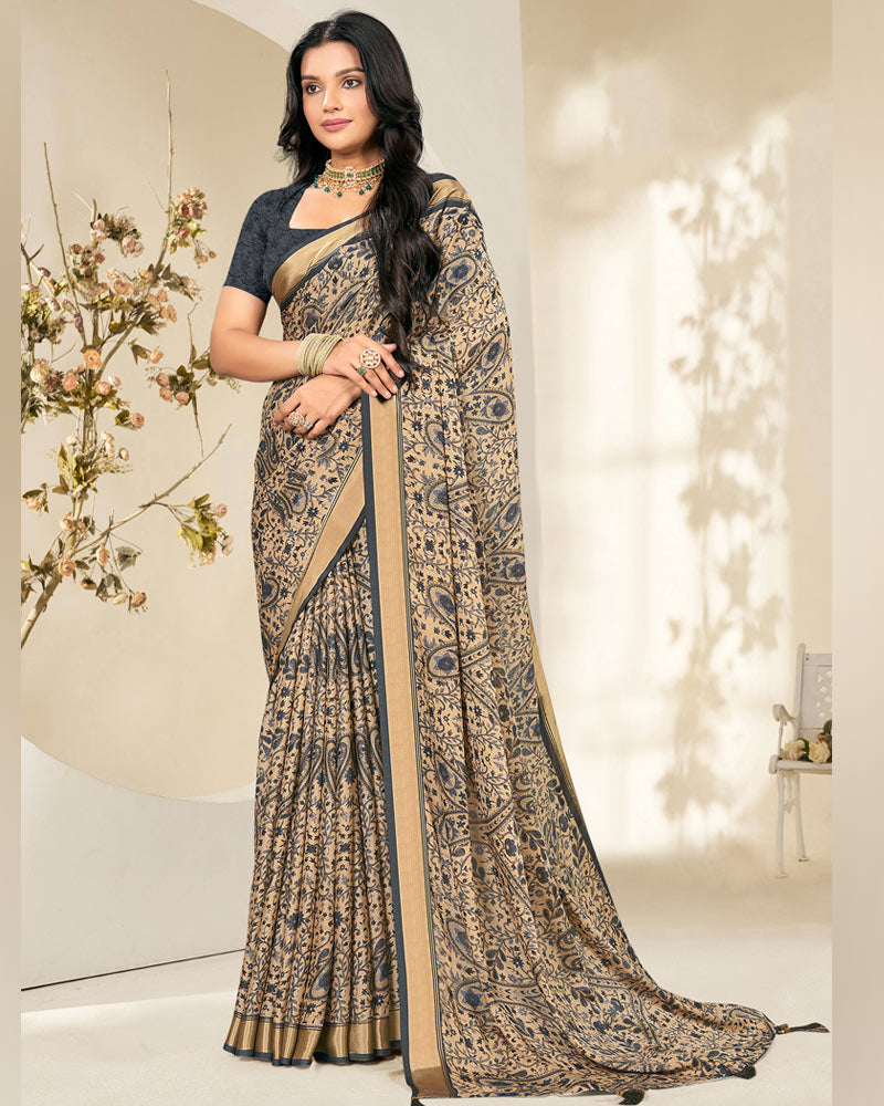 Vishal Prints Grey And Pastel Beige Criva Crepe Digital Print Saree With Weaved Viscose Patta