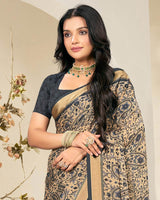 Vishal Prints Grey And Pastel Beige Criva Crepe Digital Print Saree With Weaved Viscose Patta