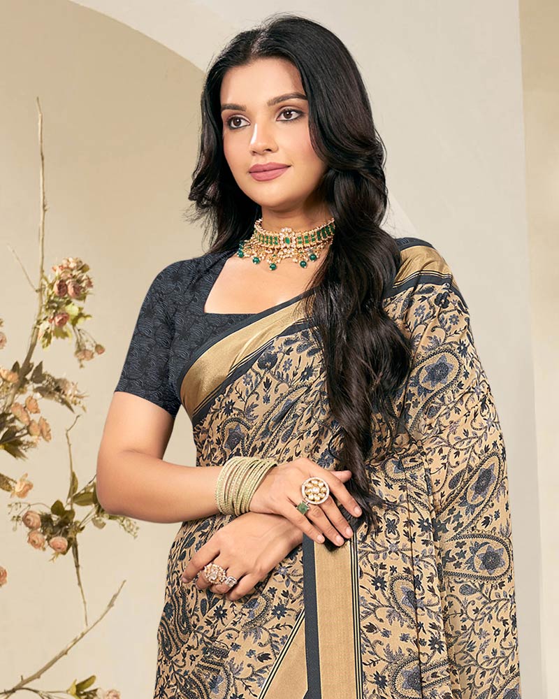 Vishal Prints Grey And Pastel Beige Criva Crepe Digital Print Saree With Weaved Viscose Patta