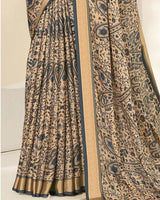 Vishal Prints Grey And Pastel Beige Criva Crepe Digital Print Saree With Weaved Viscose Patta