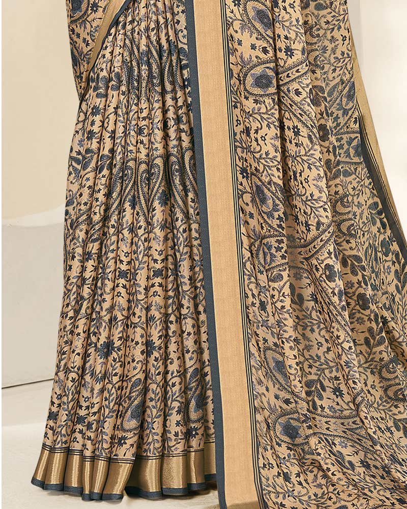 Vishal Prints Grey And Pastel Beige Criva Crepe Digital Print Saree With Weaved Viscose Patta