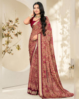 Vishal Prints Wine Red And Pastel Beige Criva Crepe Digital Print Saree With Weaved Viscose Patta