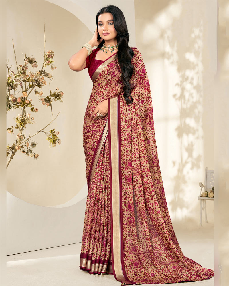Vishal Prints Wine Red And Pastel Beige Criva Crepe Digital Print Saree With Weaved Viscose Patta