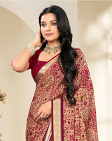 Vishal Prints Wine Red And Pastel Beige Criva Crepe Digital Print Saree With Weaved Viscose Patta