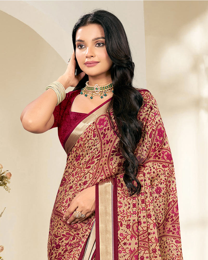 Vishal Prints Wine Red And Pastel Beige Criva Crepe Digital Print Saree With Weaved Viscose Patta