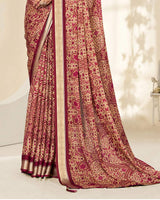 Vishal Prints Wine Red And Pastel Beige Criva Crepe Digital Print Saree With Weaved Viscose Patta