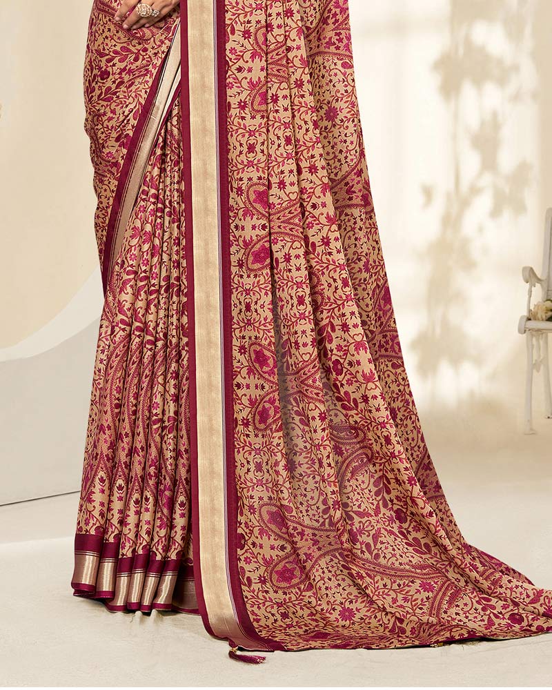 Vishal Prints Wine Red And Pastel Beige Criva Crepe Digital Print Saree With Weaved Viscose Patta