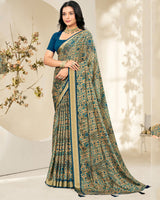 Vishal Prints Venice Blue And Pastel Beige Criva Crepe Digital Print Saree With Weaved Viscose Patta