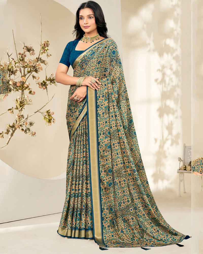 Vishal Prints Venice Blue And Pastel Beige Criva Crepe Digital Print Saree With Weaved Viscose Patta