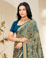 Vishal Prints Venice Blue And Pastel Beige Criva Crepe Digital Print Saree With Weaved Viscose Patta