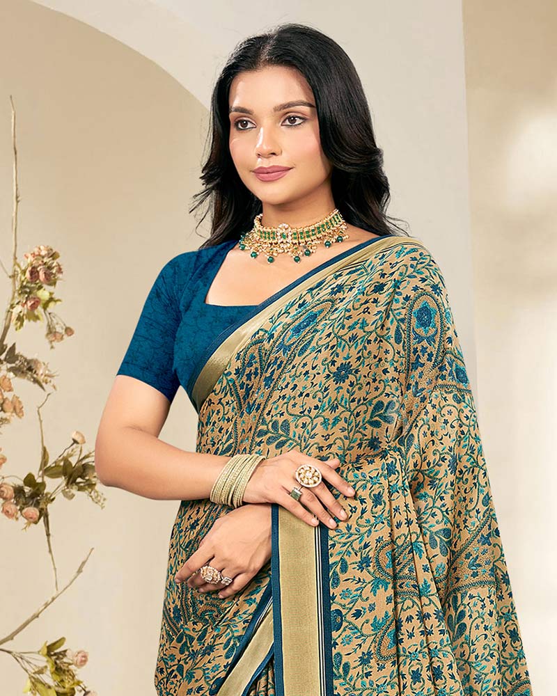 Vishal Prints Venice Blue And Pastel Beige Criva Crepe Digital Print Saree With Weaved Viscose Patta