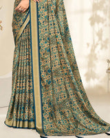 Vishal Prints Venice Blue And Pastel Beige Criva Crepe Digital Print Saree With Weaved Viscose Patta