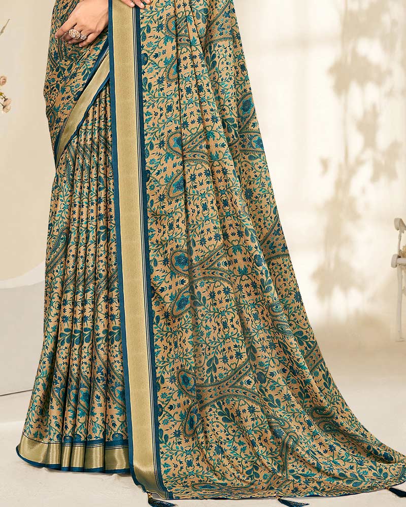 Vishal Prints Venice Blue And Pastel Beige Criva Crepe Digital Print Saree With Weaved Viscose Patta
