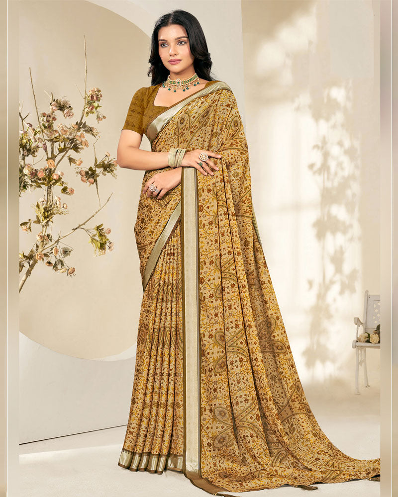 Vishal Prints Sandy Taupe Criva Crepe Digital Print Saree With Weaved Viscose Patta
