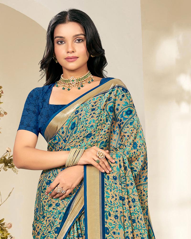 Vishal Prints Mint Green And Pastel Biege Criva Crepe Digital Print Saree With Weaved Viscose Patta