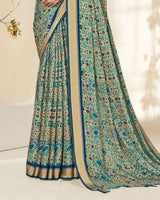 Vishal Prints Mint Green And Pastel Biege Criva Crepe Digital Print Saree With Weaved Viscose Patta