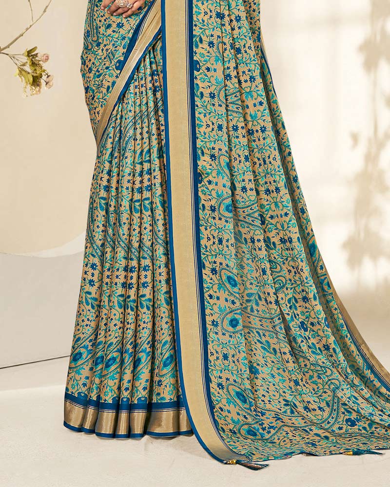 Vishal Prints Mint Green And Pastel Biege Criva Crepe Digital Print Saree With Weaved Viscose Patta