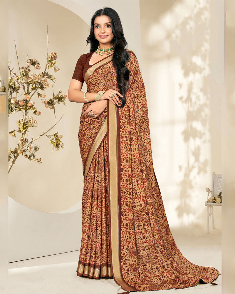 Vishal Prints Rusty Brown Criva Crepe Digital Print Saree With Weaved Viscose Patta