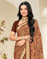 Vishal Prints Rusty Brown Criva Crepe Digital Print Saree With Weaved Viscose Patta