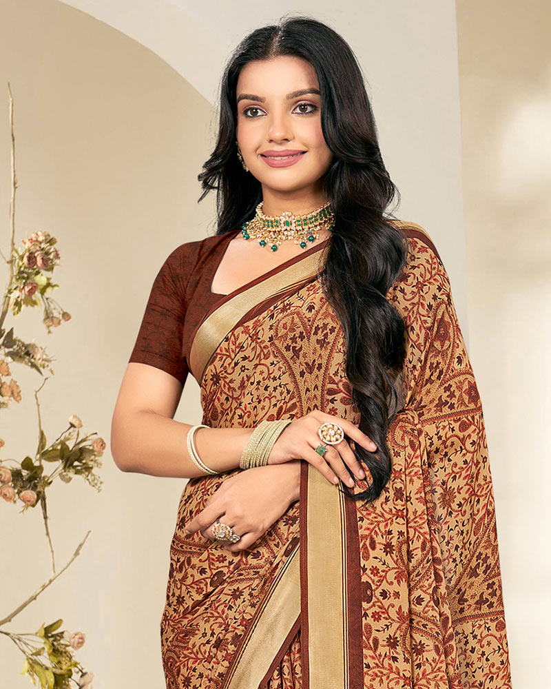 Vishal Prints Rusty Brown Criva Crepe Digital Print Saree With Weaved Viscose Patta