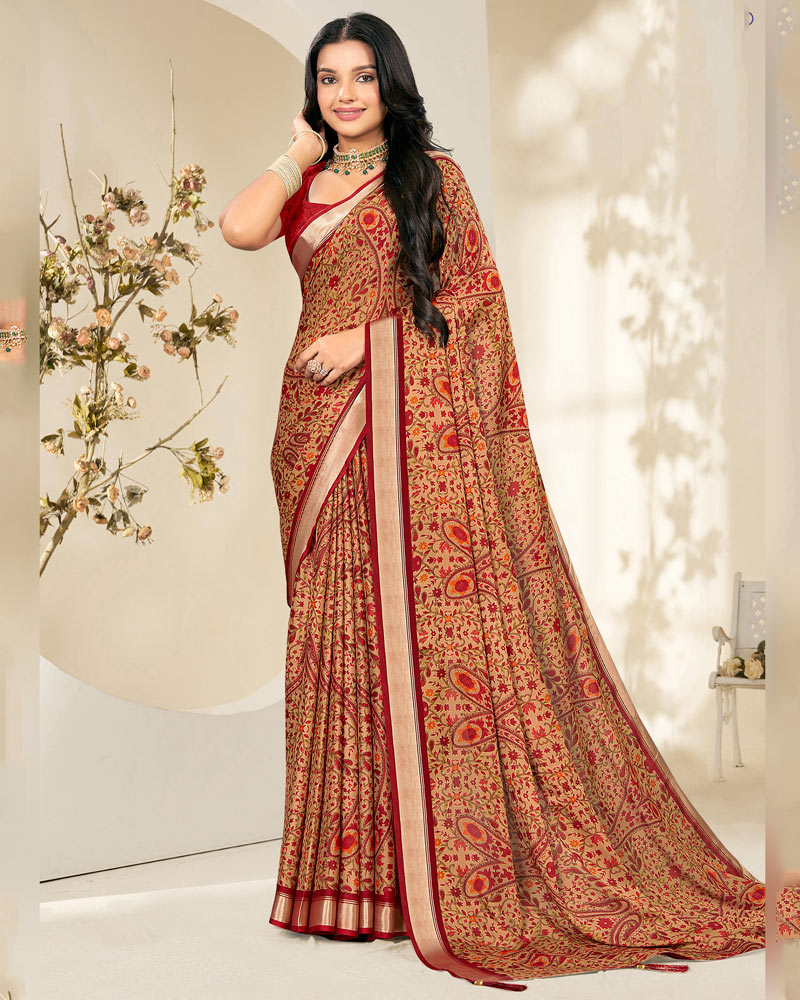 Vishal Prints Cardinal Red And Pastel Orange Criva Crepe Digital Print Saree With Weaved Viscose Patta